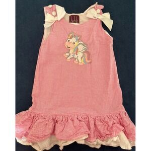 Lil Cactus Embroidered Unicorn Boutique Ruffle and Bow Seersucker Dress 4T